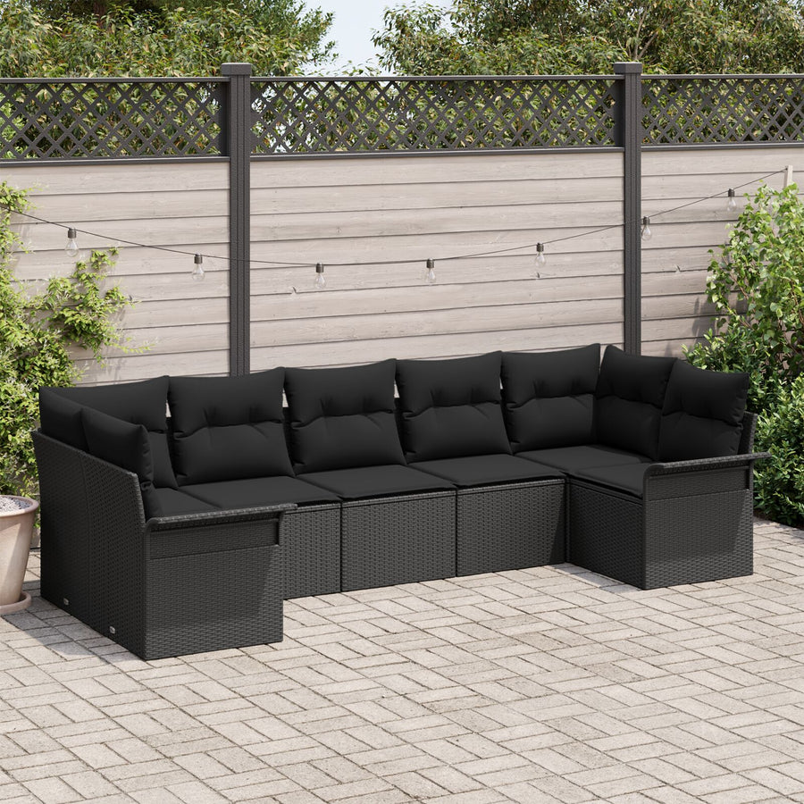 7-Delige Tuinbankset Met Kussens Zwart Poly Rattan