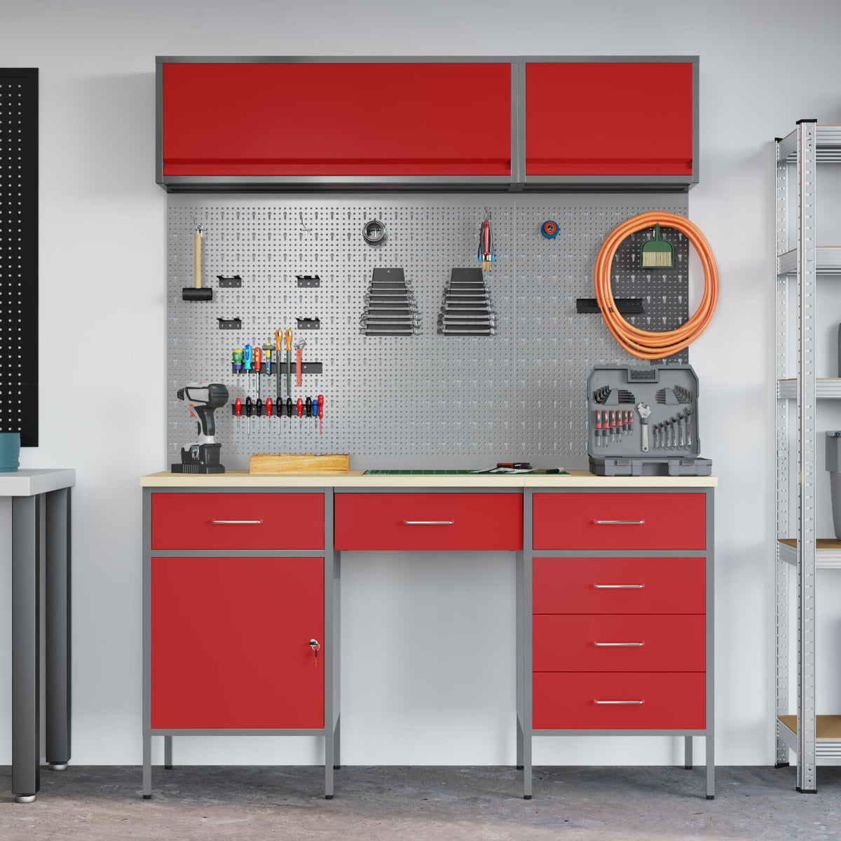 8-Delige Werkcabinet En Pegboard Set In Het Rood Van Mdf En Metaal
