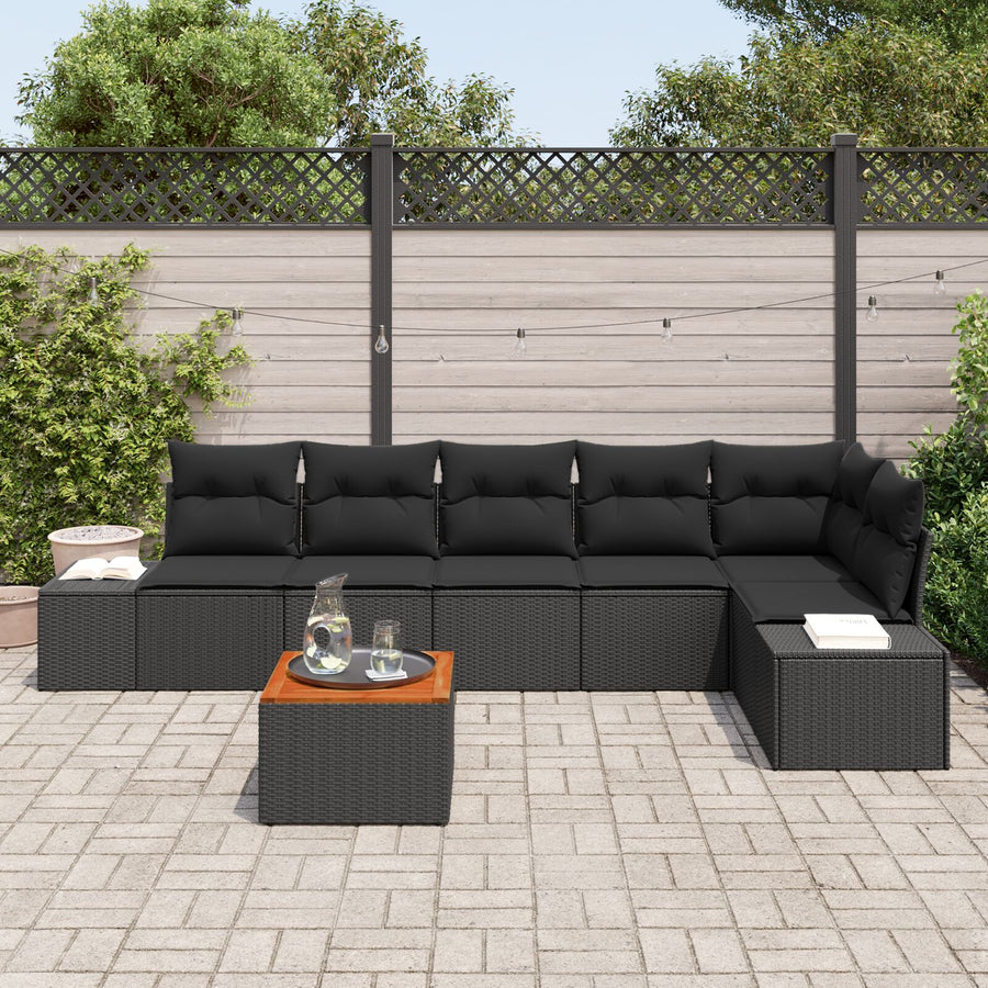 7-Delige Tuin Sofa Set Met Kussens Zwart Poly Riet Acacia