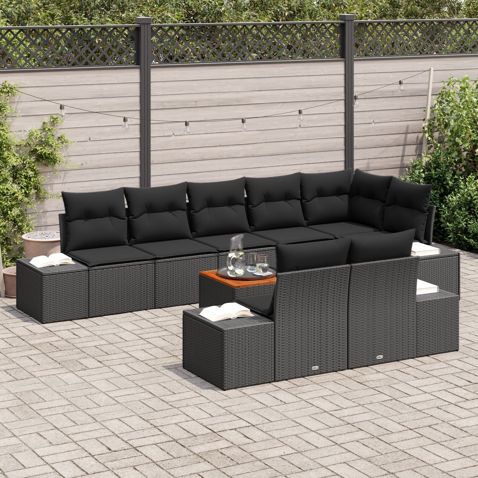 9-Delige Tuin Sofa Set Met Kussens Zwart Poly Rattan Acacia