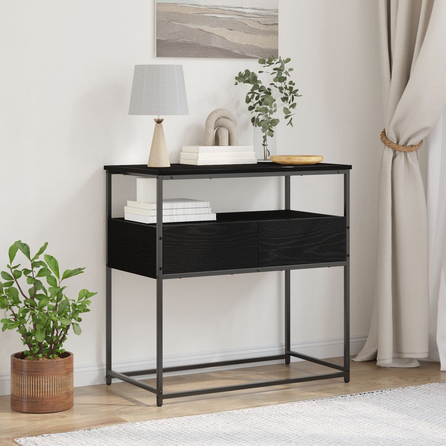 Console Tafel Engineered Hout En Staal Zwart eiken 75 x 40 x 75 cm
