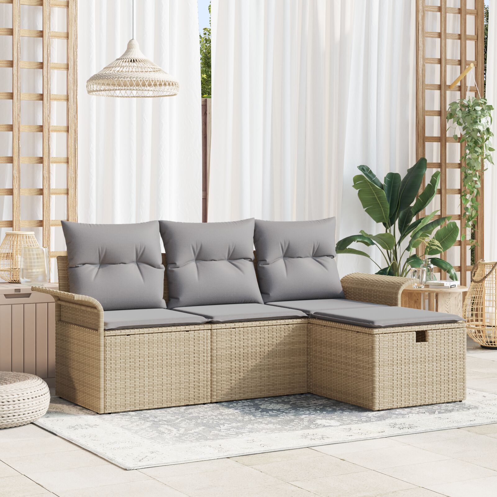 4-Delige Tuin Sofa Set Met Kussens Beige Poly Riet