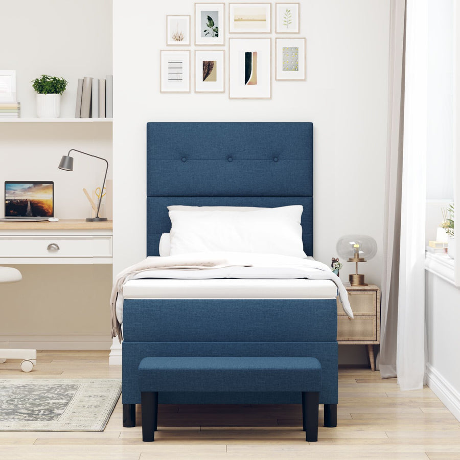 Boxspring Bed Met Matras & Bank Stof Blauw 100 x 200 cm Knopen tufted