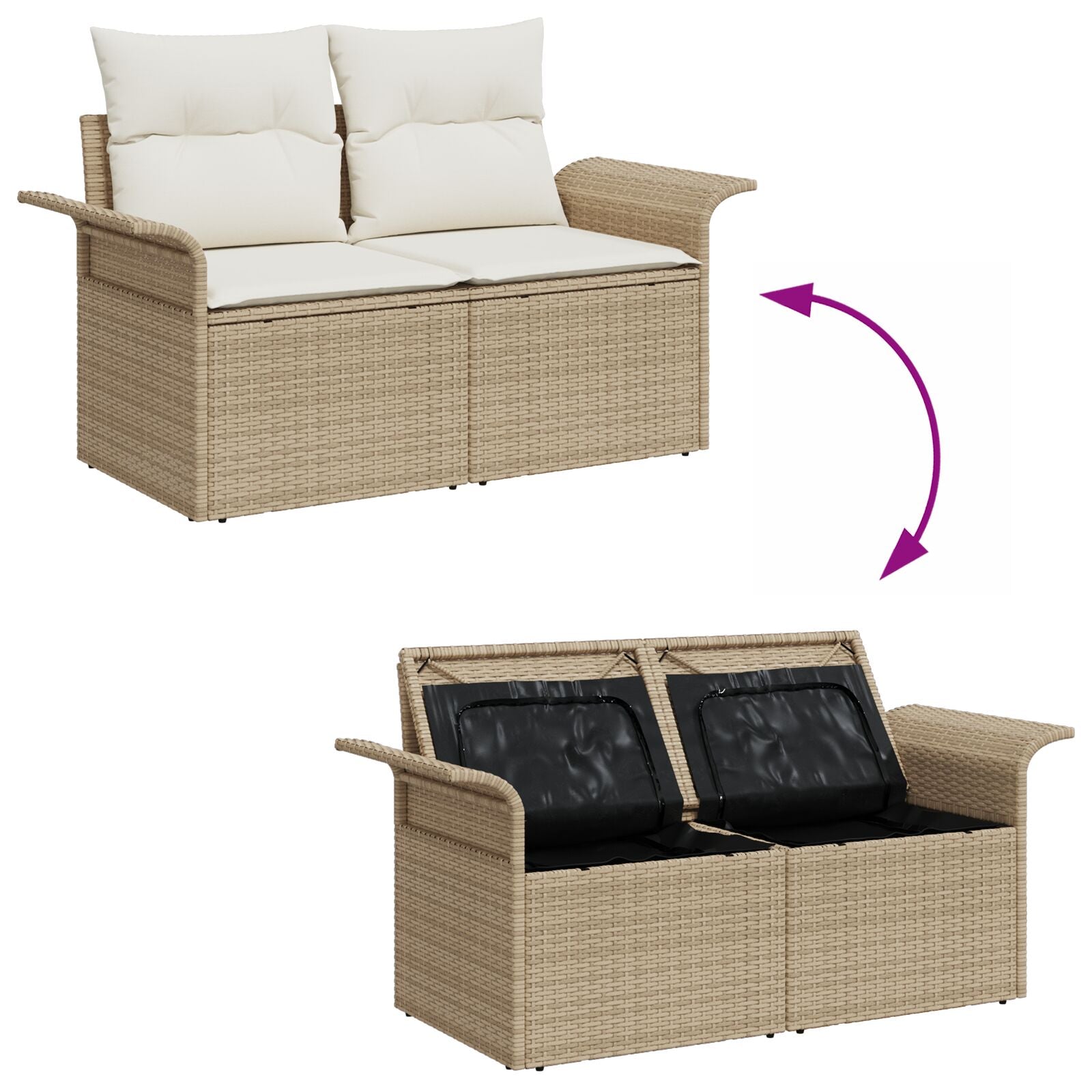 3-Delige Tuin Sofa Set Met Kussens Beige Poly Rattan, 2-Persoons Tuin Sofa Met Opbergruimte & Kussens Beige Poly Rattan Gegalvaniseerd Staal