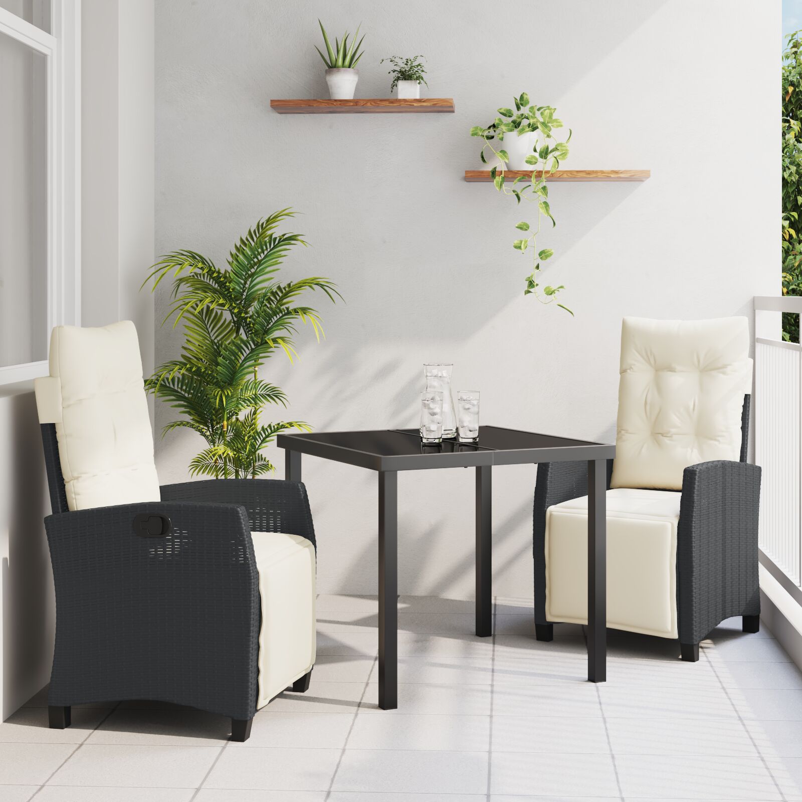 Set Van 2 Zwart, Crème Wit Pe Rattan, Poedergecoat Staal 2-Zits