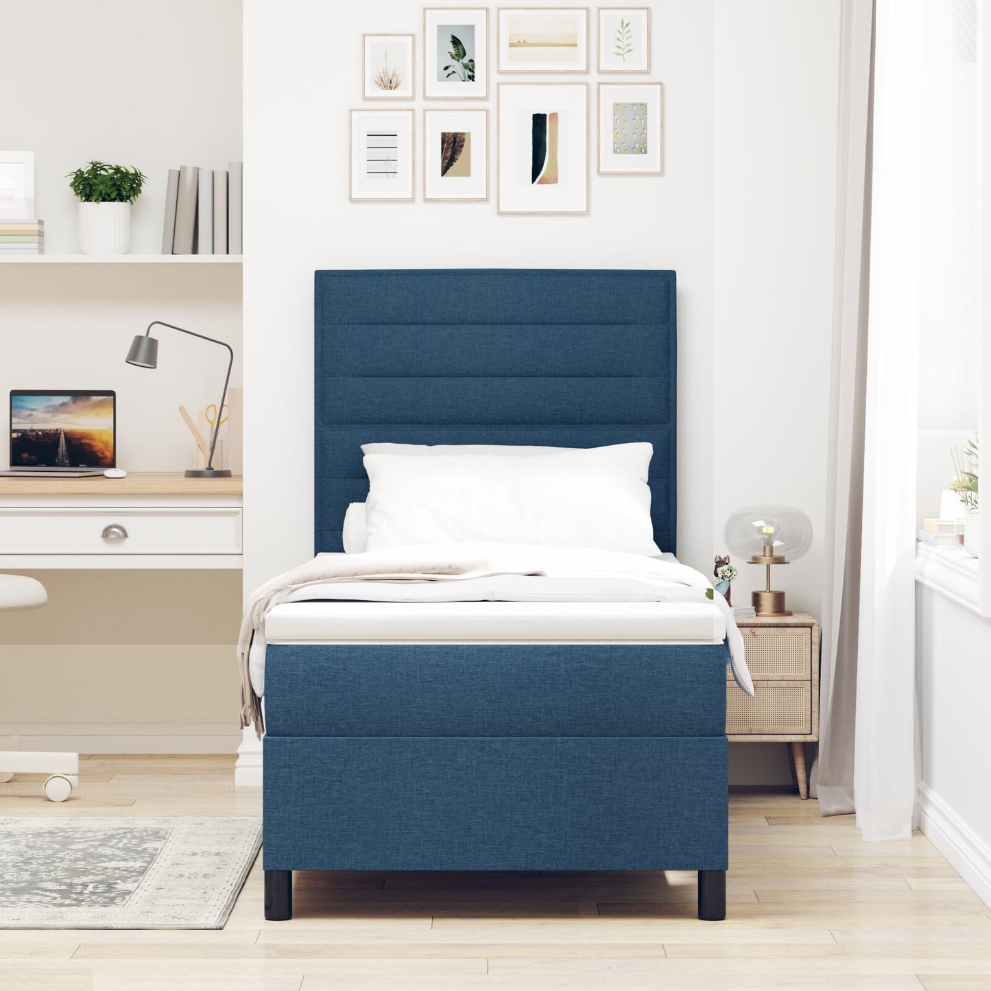 Boxspringbed Met Matras E Eenpersoons Stof Blauw 90 x 190 cm Lijnen ontwerp