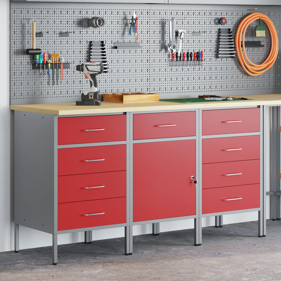 3-Delige Werkcabinet Set En Grijs Van Geëngineerd Hout En Staal 3x (84/85/85 cm) Rood 3x cabinet