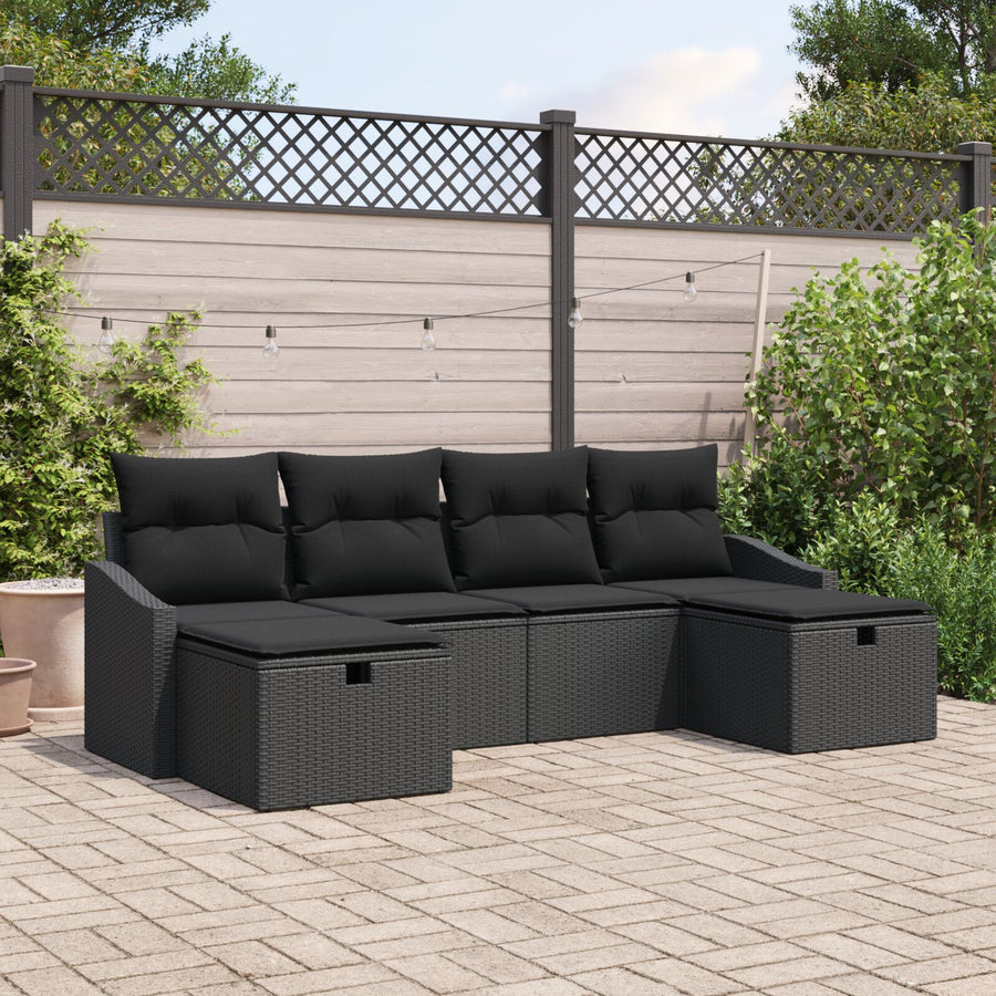 6-Delige Tuin Sofa Set Met Kussens Zwart Rattan