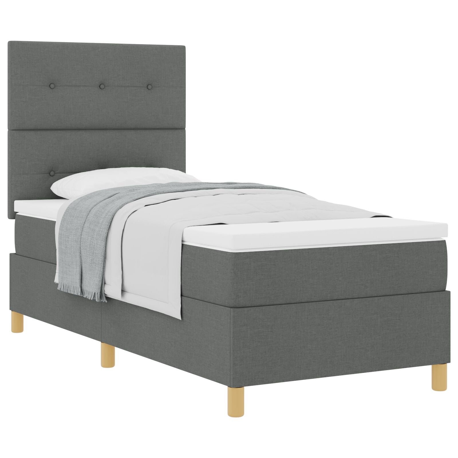Boxspring Bed Met Matras Donkergrijs Eenpersoons Stof Blauw