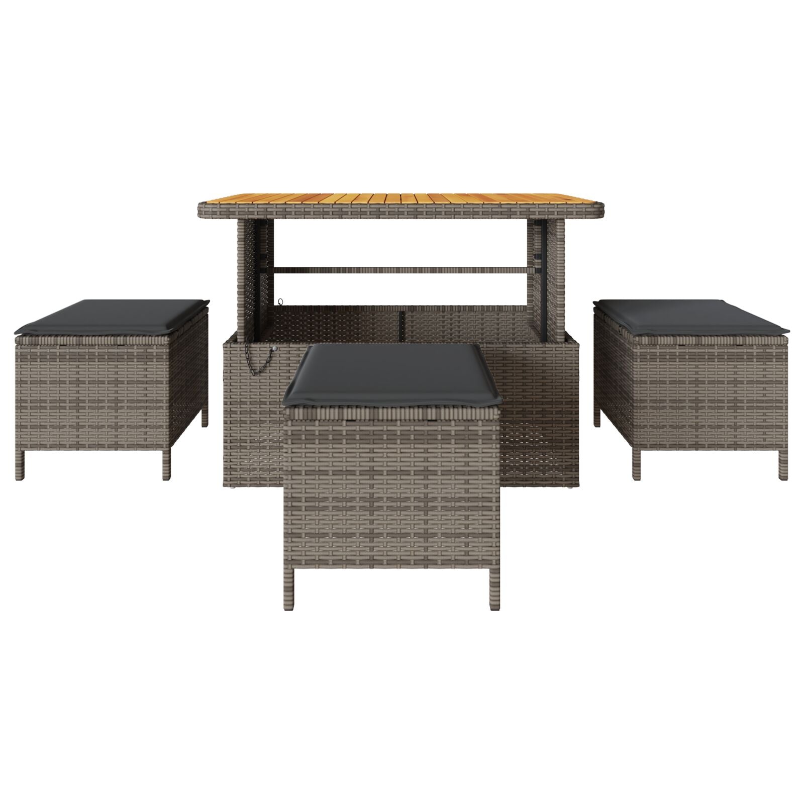 4-Delige Tuin Eetset Met Kussens Poly Rattan Acacia 110 cm Grijs 3 krukken
