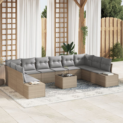 11-Delige Tuinbankset Met Kussens Zwart Poly Rattan Beige en grijs met tafel