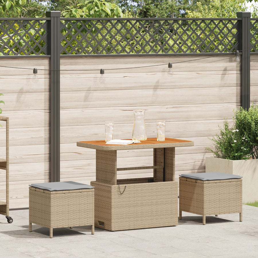 3-Delige Tuin Dining Set Met Kussens Poly Rattan Acacia 90 cm Beige en grijs 2 krukken