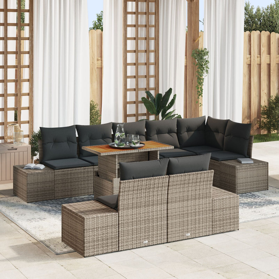 9-Delige Tuin Eetset Met Kussens Grijs Poly Rattan Acacia