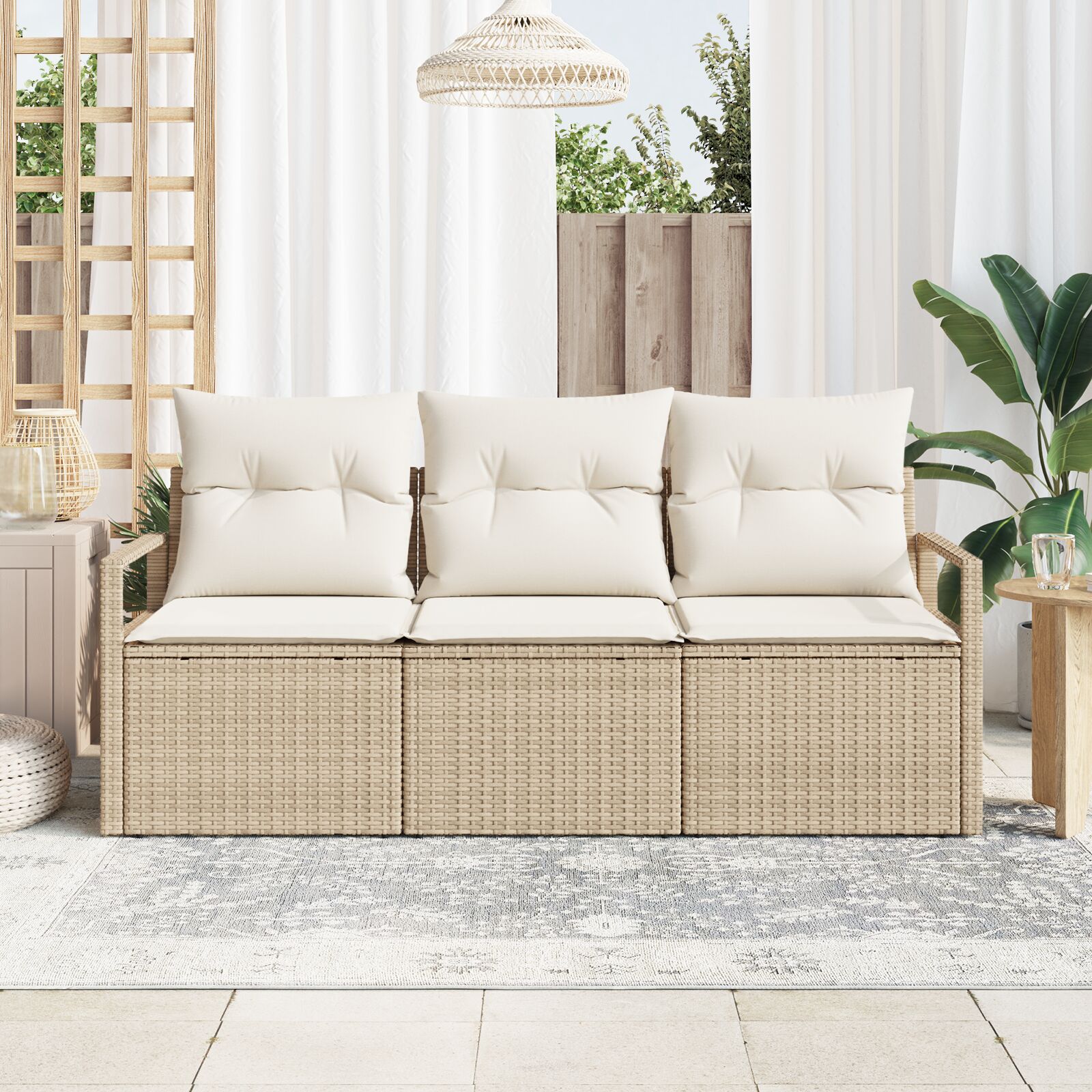 3-Delige Tuinsofa Set Met Kussens Beige Poly Riet, 2-Zits Tuinsofa Met Opbergruimte & Kussens Beige Poly Riet Gegalvaniseerd Staal