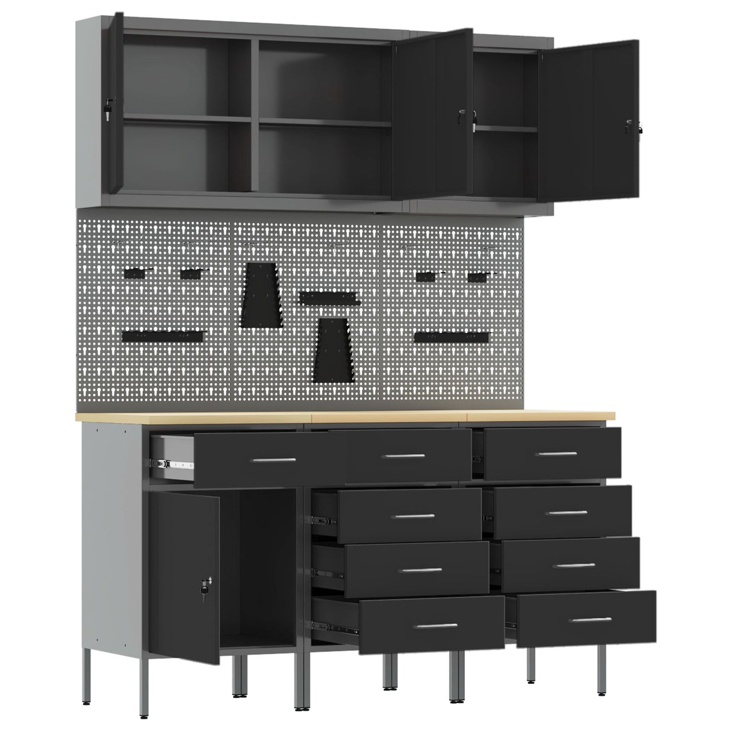 8-Delige Werkbank Set Staal 3x (84/85/85 cm) Zwart 3x kast + 3x gereedschapsbord + 2x gereedschapscabinet
