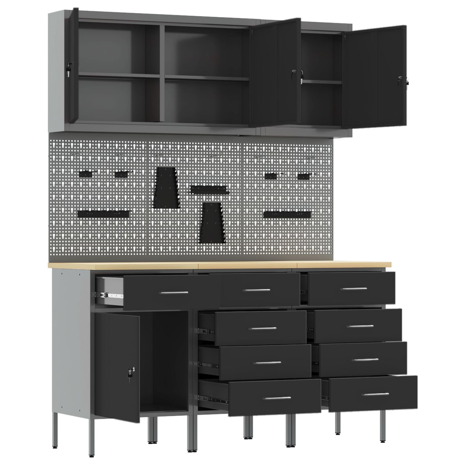 8-Delige Werkbank Set Staal 3x (84/85/85 cm) Zwart 3x kast + 3x gereedschapsbord + 2x gereedschapscabinet