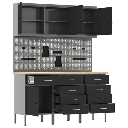 8-Delige Werkbank Set Staal 3x (84/85/85 cm) Zwart 3x kast + 3x gereedschapsbord + 2x gereedschapscabinet