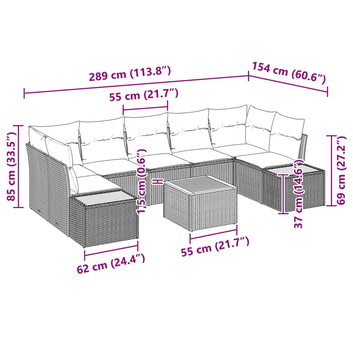 8-Delige Tuin Sofa Set Met Kussens Zwart Poly Rattan Acacia