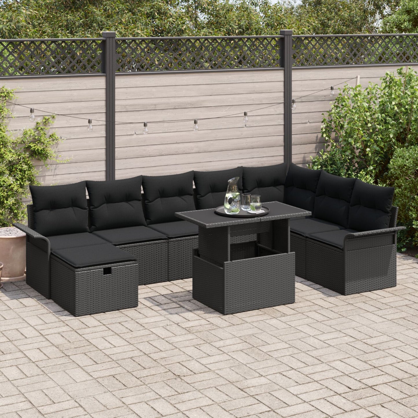 9-Delige Tuin Sofa Set Met Kussens Zwart Poly Rattan