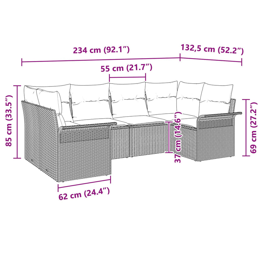 6-Delige Tuin Sofa Set Met Kussens Bruin Poly Rattan