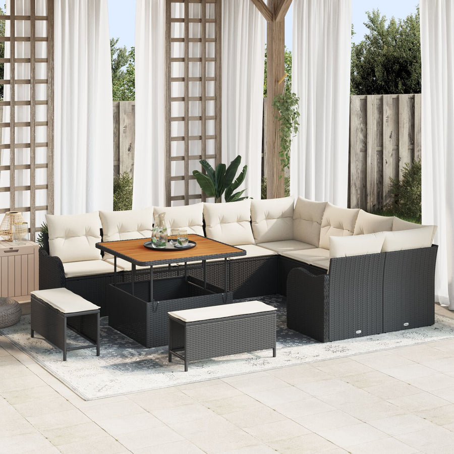 12-Delige Tuin Sofa Set Met Kussens Zwart Poly Rieten Acacia, 2-Zits Tuin Sofa Met Opslag & Kussens Zwart Poly Rieten, 3-Delige Tuin Eet Set Met Kussens Zwart Poly Rieten Acacia Wit