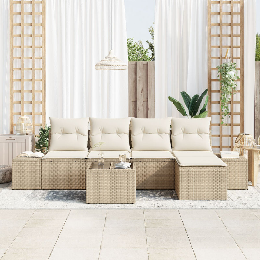 6-Delige Tuin Sofaset Met Kussens Bruin Poly Rattan Beige en wit met tafel