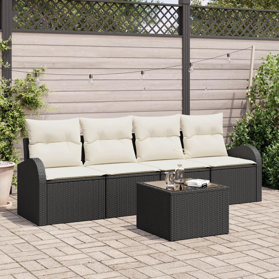 5-Delige Tuinbankset Met Kussens Zwart Poly Rattan