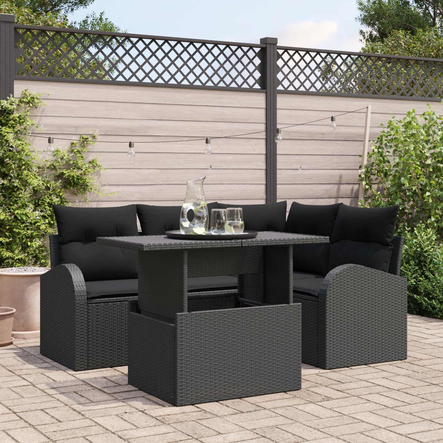 5-Delige Tuin Sofa Set Met Kussens Zwart Poly Rattan
