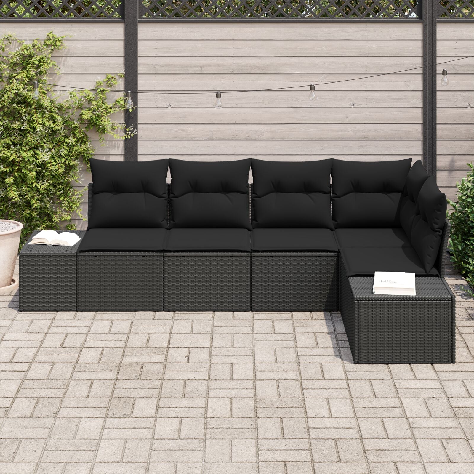 5-Delige Tuin Sofaset Met Kussens Zwart Poly Rattan