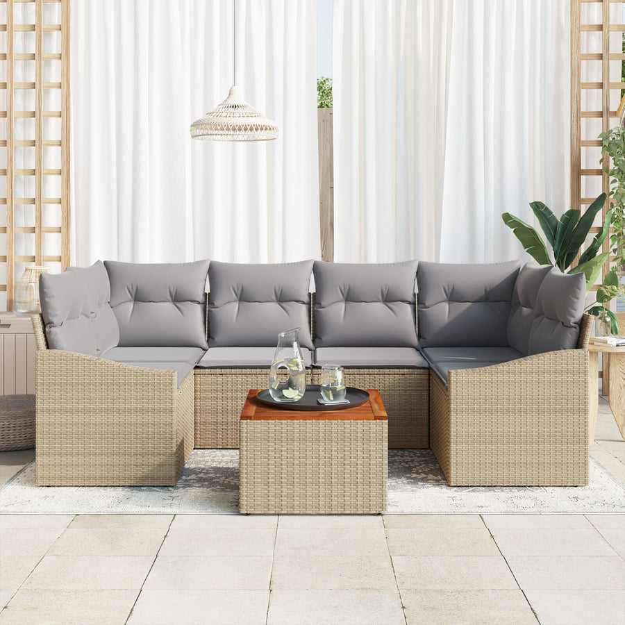 7-Delige Tuin Sofa Set Met Kussens Beige Poly Rattan Acacia