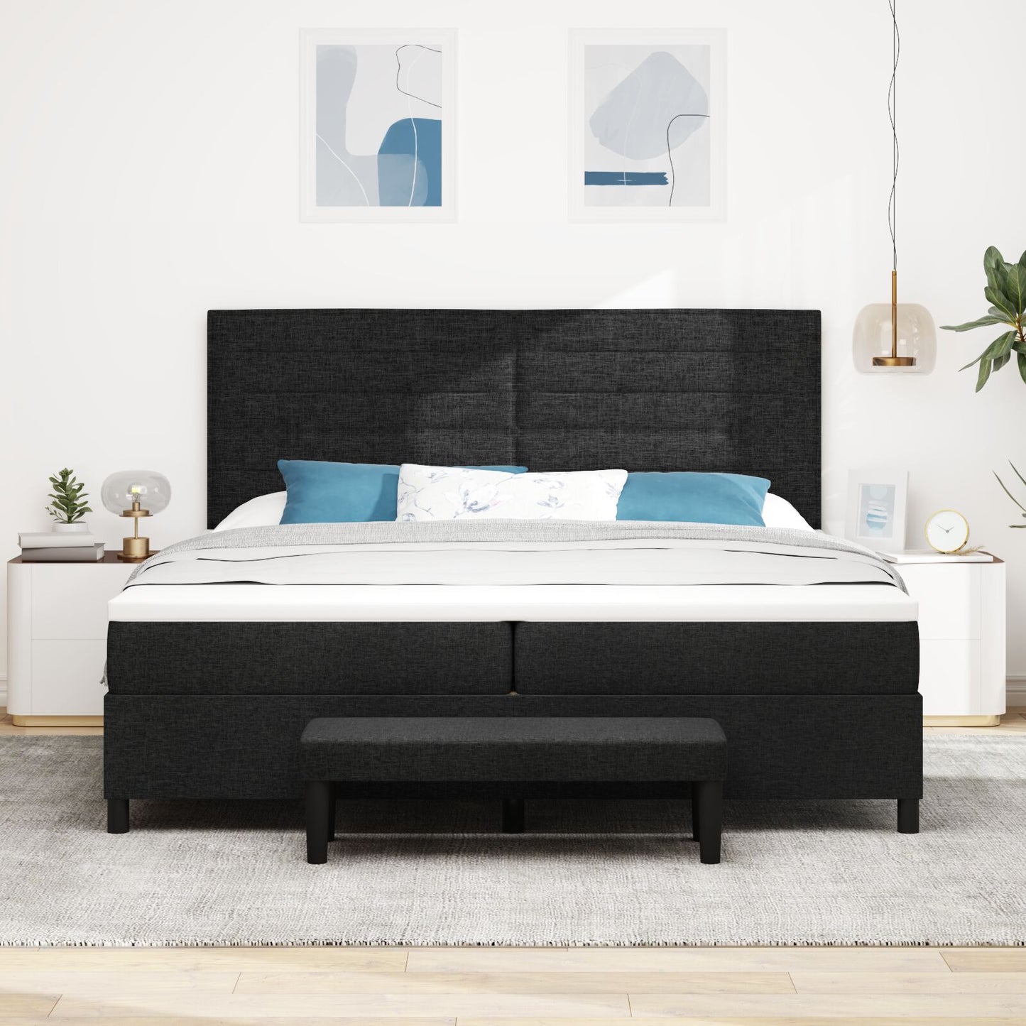 Boxspring Bed Met Matras & Bank Stof Zwart 200 x 200 cm Lijnen ontwerp