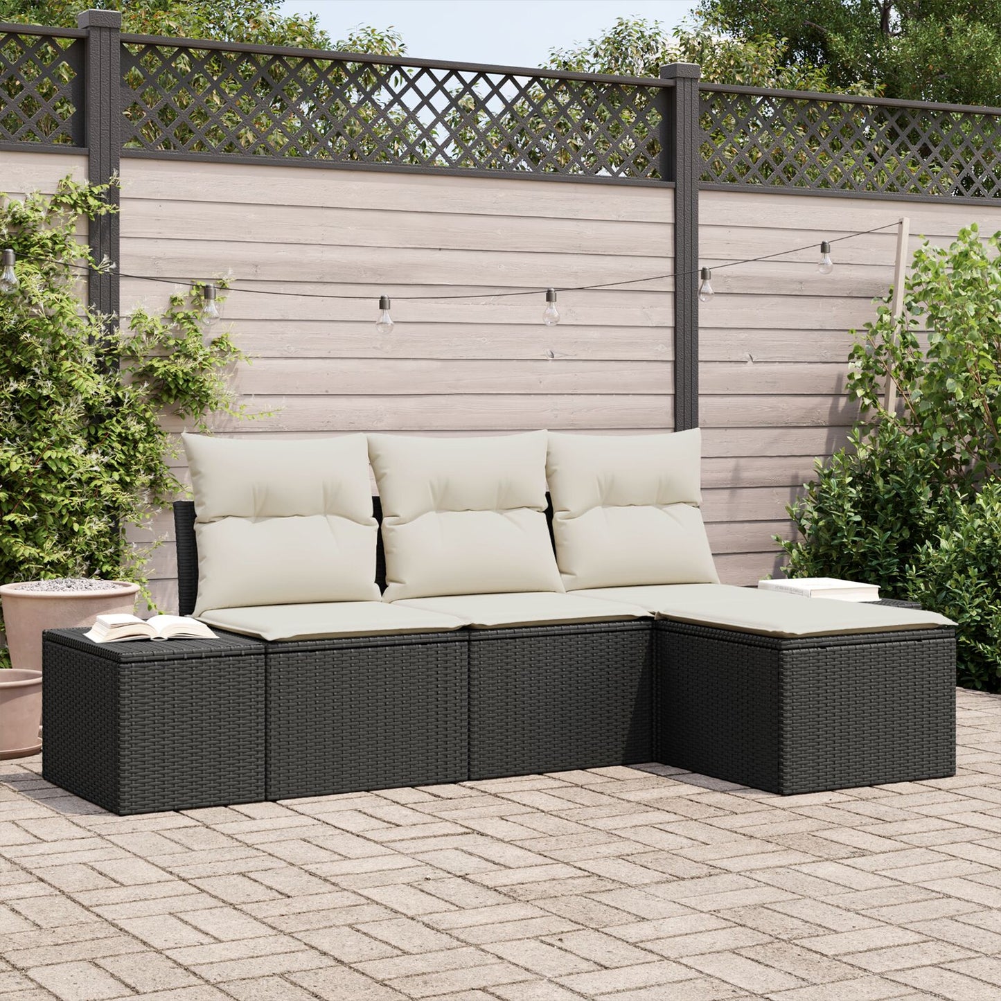 4-Delige Tuin Sofa Set Met Kussens Zwart Poly Rattan