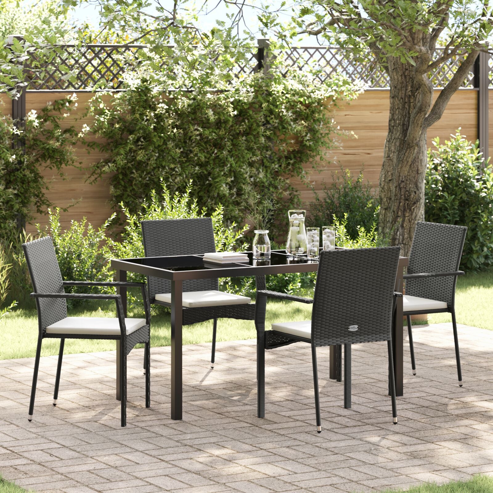 5-Delige Tuin Dining Set Met Kussens Zwart Poly Rattan