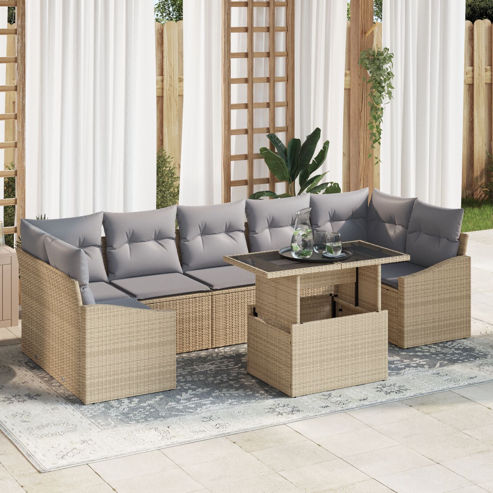 Tuinbankset Set Van 8 Beige En Grijs Rattan, Glas, Polyester