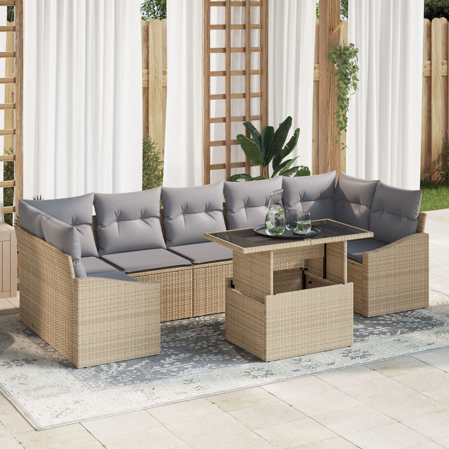 Tuinbankset Set Van 8 Beige En Grijs Rattan, Glas, Polyester