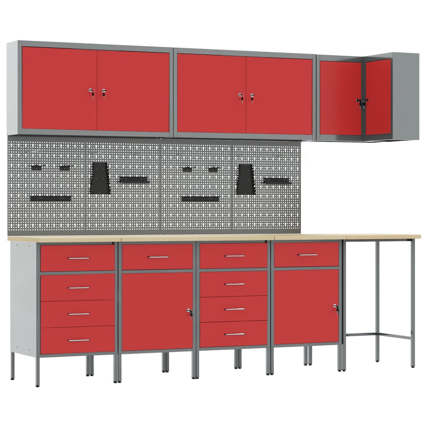 12-Delige Werkcabinet En Pegboard Set In Het Van Mdf En Metaal 4x (2x84/2x85 cm) Rood Tafel + 7x kast + 4x pegboard