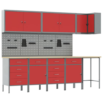 12-Delige Werkcabinet En Pegboard Set In Het Van Mdf En Metaal 4x (2x84/2x85 cm) Rood Tafel + 7x kast + 4x pegboard