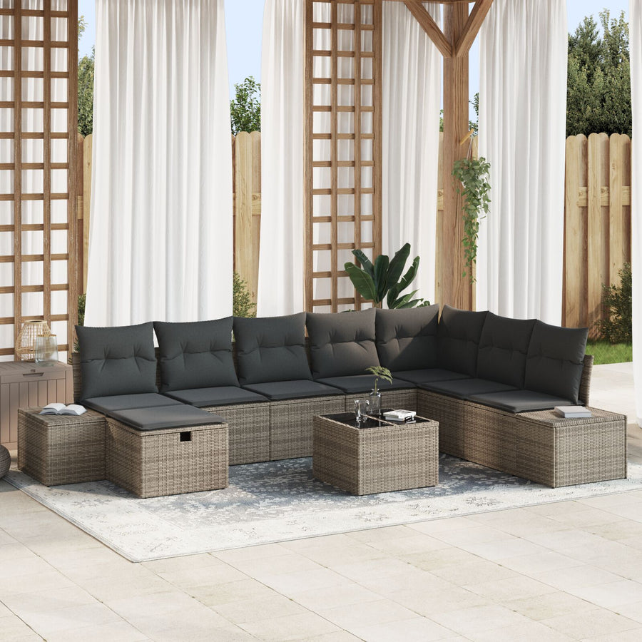 9-Delige Tuin Sofa Set Met Kussens Grijs Poly Rattan Wit