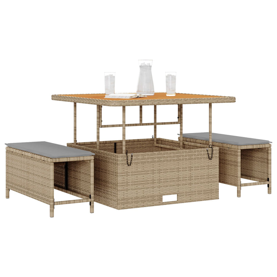 3-Delige Tuin Eettafelset Met Kussens Poly Rattan Acacia 100 cm Beige en grijs 2 krukken
