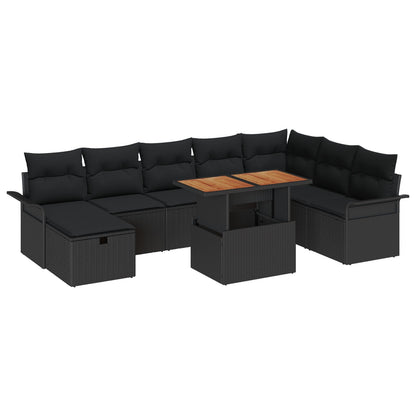 9-Delige Tuin Sofa Set Met Kussens Zwart Poly Rattan