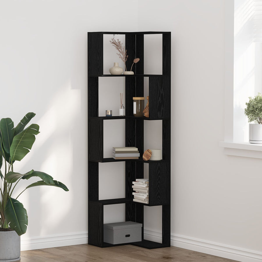 Hoekboekenkast 5-Tier Zwarte Eik 50X50X179 Cm Bewerkt Hout Zwarte eiken