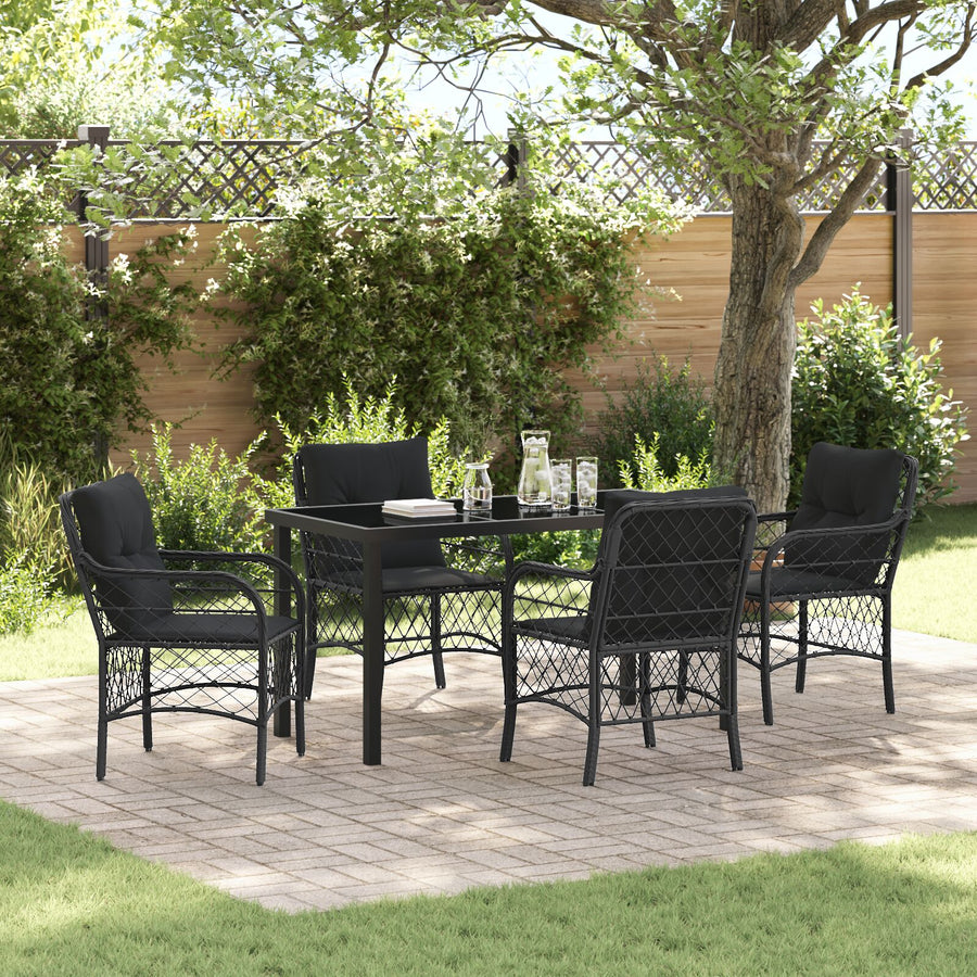 5-Delige Tuin Eetset Met Kussens Zwarte Poly Rattan