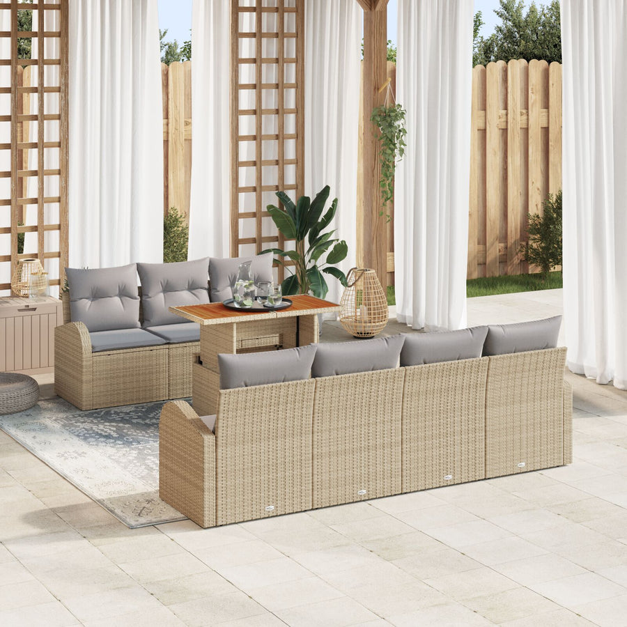 8-Delige Tuin Eetset Met Kussens Beige Poly Riet Acacia