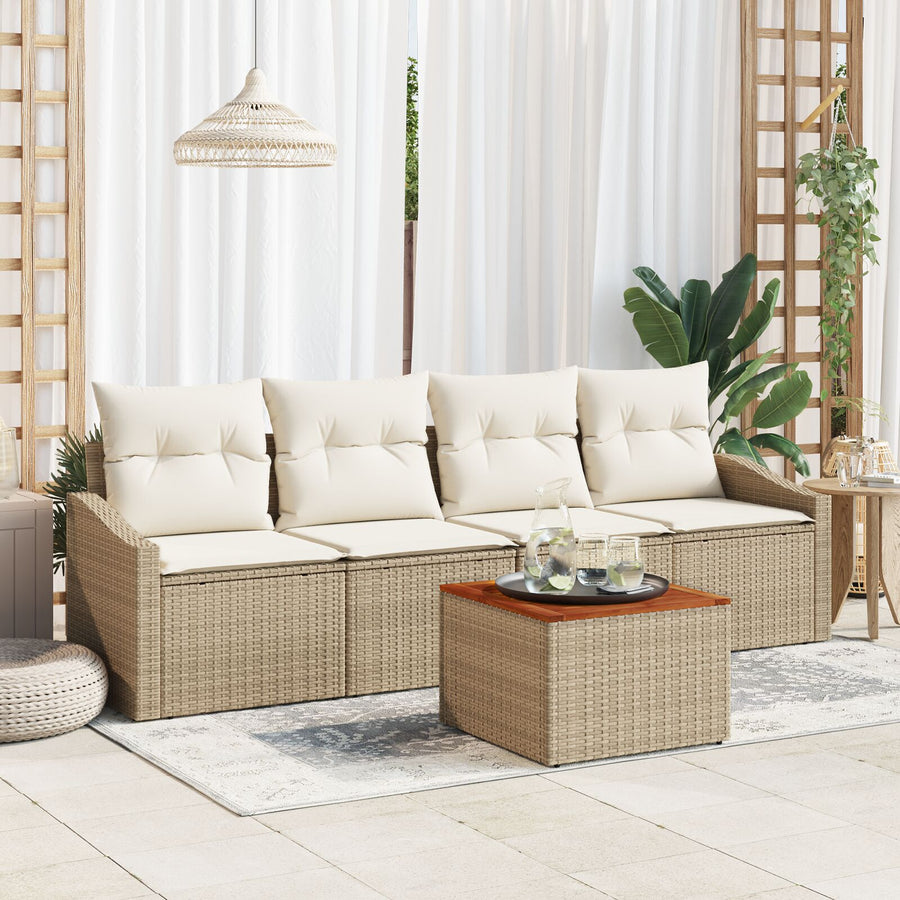 5-Delige Tuinbankset Met Kussens Beige Poly Rattan Acacia