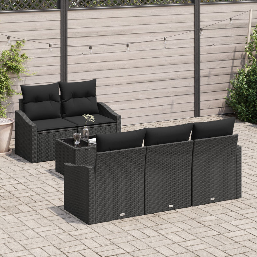 6-Delige Tuin Sofa Set Met Kussens Zwarte Poly Rattan Gegalvaniseerd Staal
