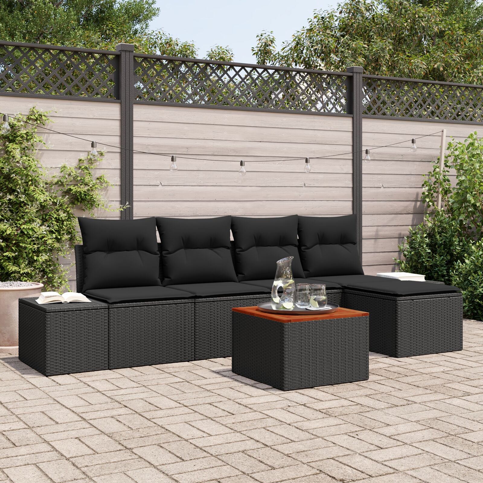 6-Delige Tuinsofa Set Met Kussens Zwarte Poly Rattan Acacia