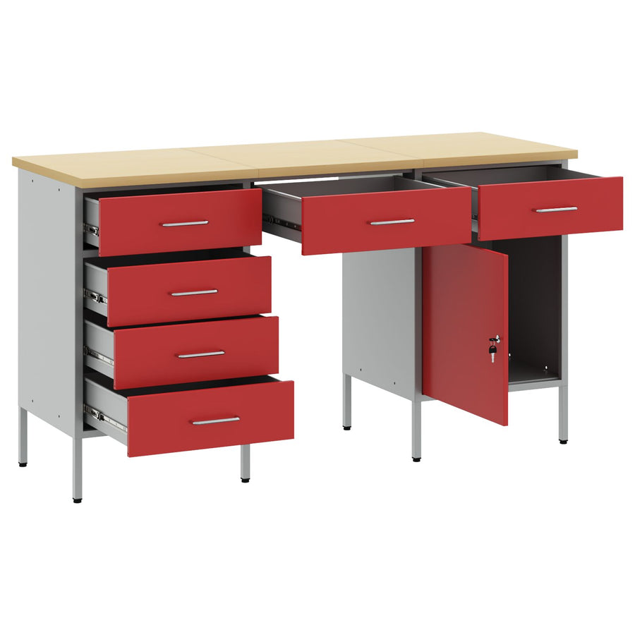 3-Delige Werkcabinet En Tafel Set Geïndustrialiseerd Hout En Staal 3x (84/85/20 cm) Rood 3x kabinet