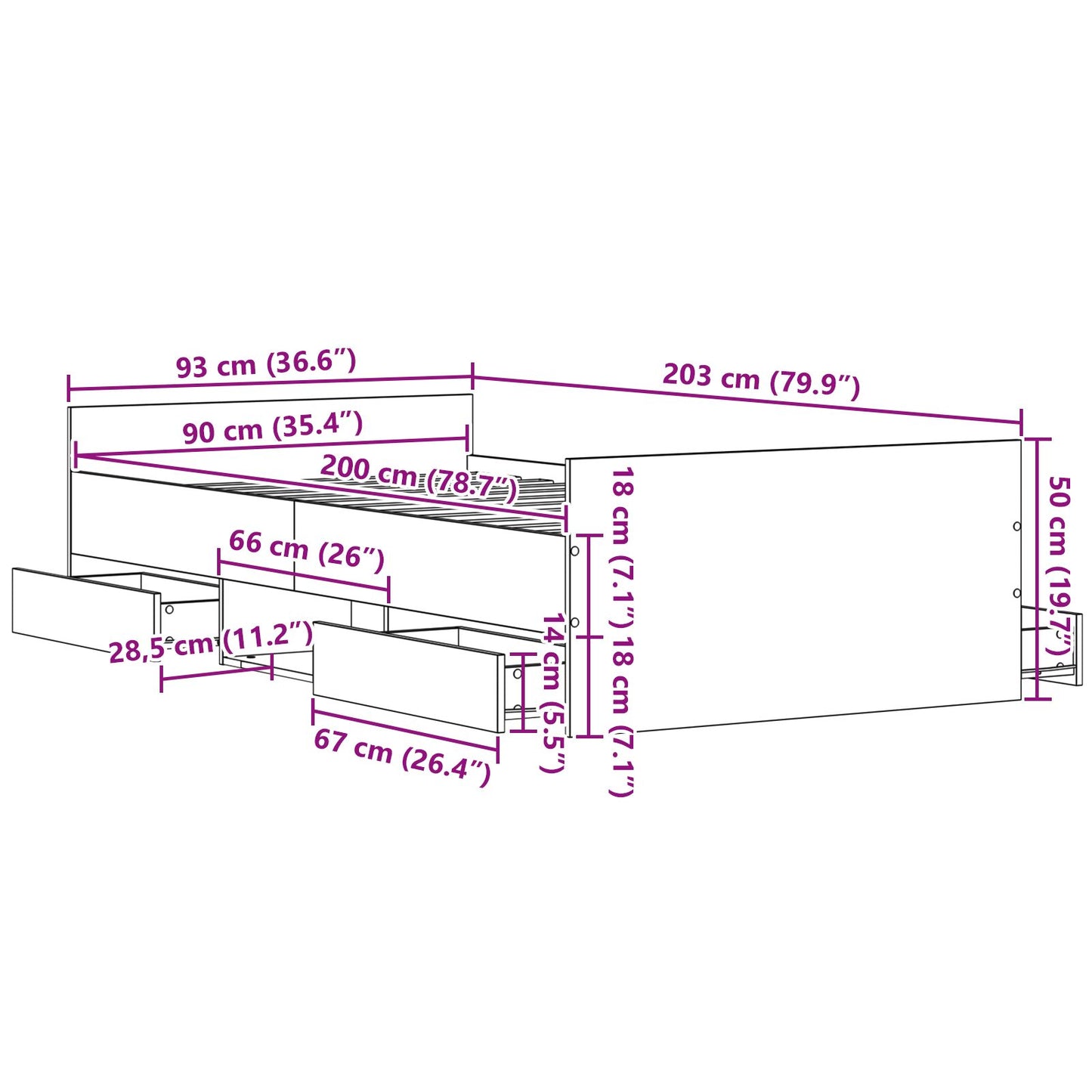 Bedframe Zonder Matras Zwart Eiken 90X200 Cm Bewerkt Hout