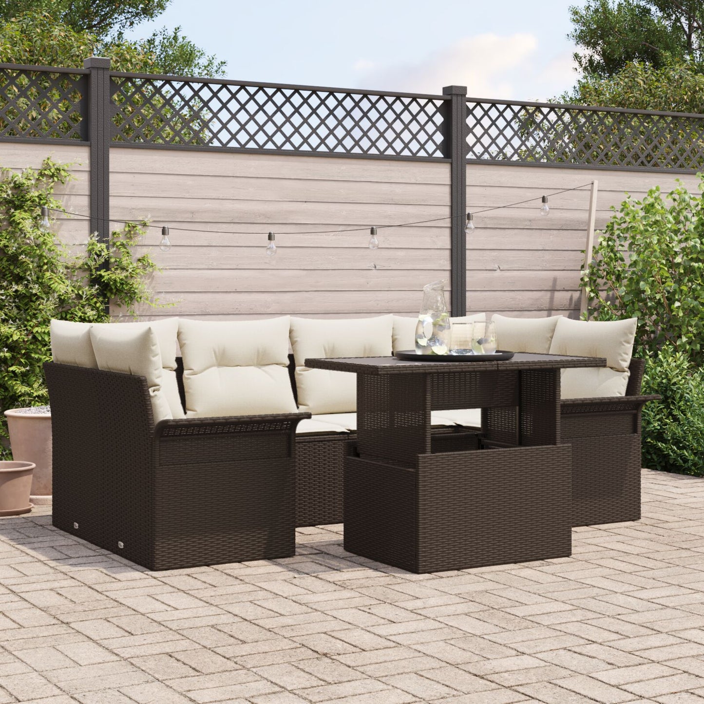 7-Delige Tuinbankset Met Kussens Bruin Poly Rattan