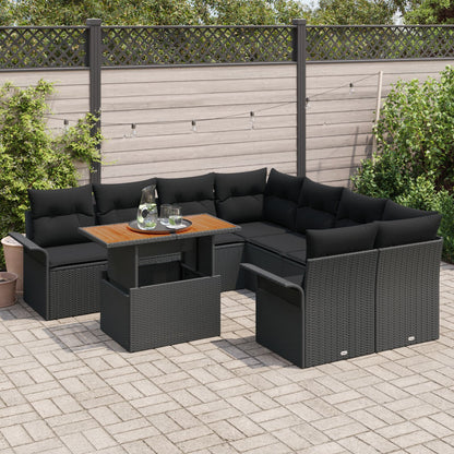 9-Delige Tuin Sofa Set Met Kussens Zwart Poly Rattan Acacia
